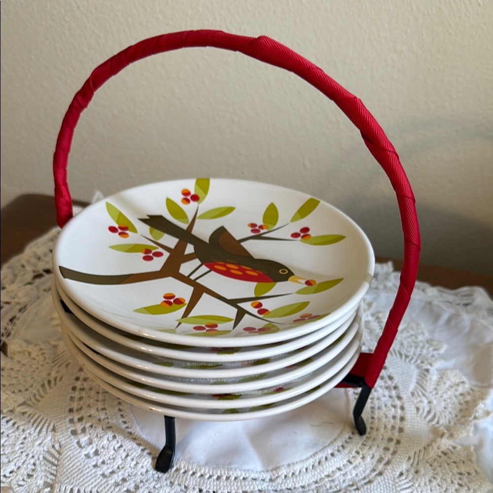 Red Bird Room Creative Signature Housewares Ceramic 6 Plates with Stand - Picture 3 of 3